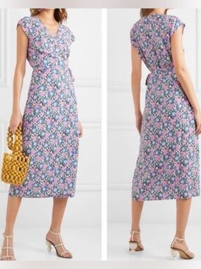 J. Crew Fabrizia Blue Pink Jersey Midi Ditsy Floral Wrap Retro Midi Dress